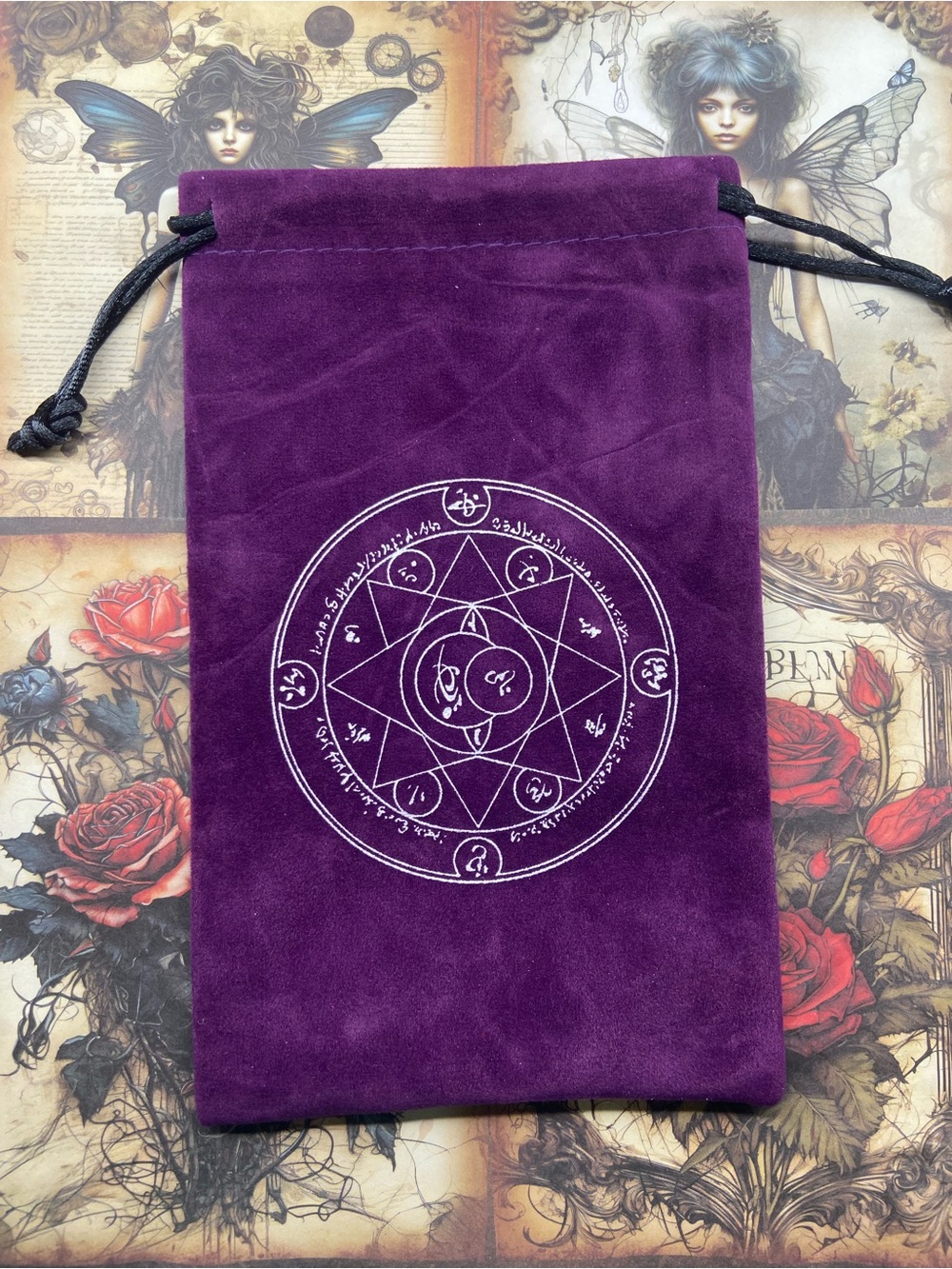 Hand Crafted Purple Velvet Tarot/Crystal Drawstring Pouch with Sigil Print
